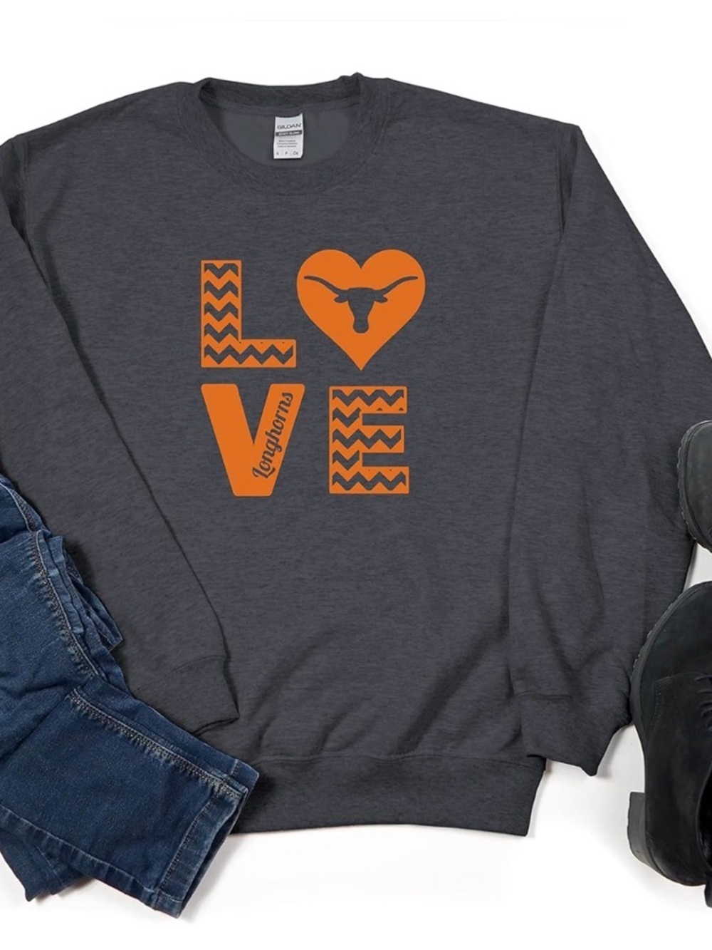 Gildan Charcoal Crewneck Sweatshirt with Orange LOVE Longhorn Graphic